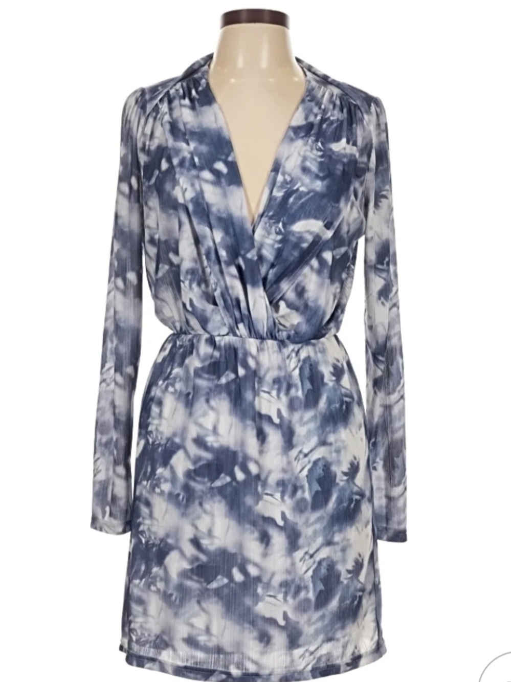 Blue Tie-Dye Wrap Long-Sleeve Dress